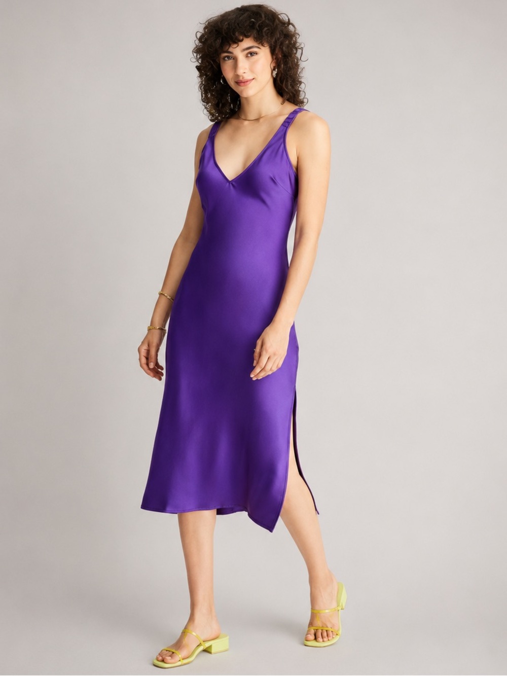 Satin V-Neck Midi Dress in Purple